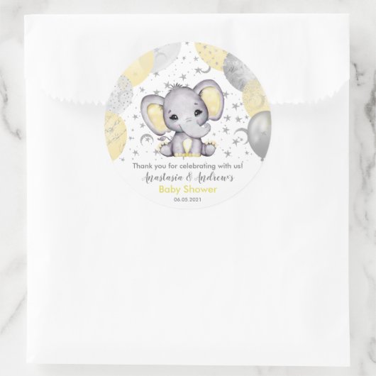 かわいい黄色のベビーシャワーの象の風船 ラウンドシール (バッグ)