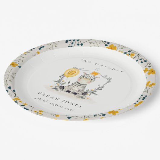 かわいい黄色のベビーゼブラリーフ任意の年齢誕生日 ペーパープレート (アングル)