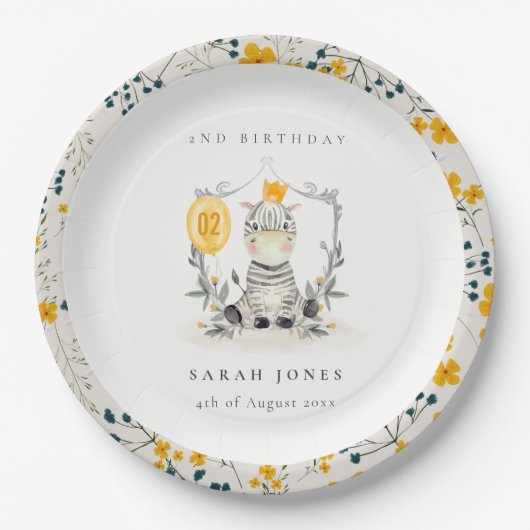 かわいい黄色のベビーゼブラリーフ任意の年齢誕生日 ペーパープレート (正面)