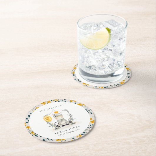 かわいい黄色のベビーゼブラリーフ任意の年齢誕生日 ラウンドペーパーコースター (インサイチュ)