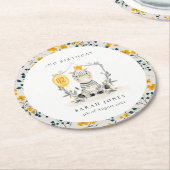 かわいい黄色のベビーゼブラリーフ任意の年齢誕生日 ラウンドペーパーコースター (アングル)