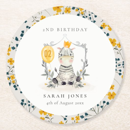 かわいい黄色のベビーゼブラリーフ任意の年齢誕生日 ラウンドペーパーコースター (正面)