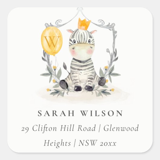 かわいい黄色のベビーゼブラ葉バルーンアドレス スクエアシール (正面)