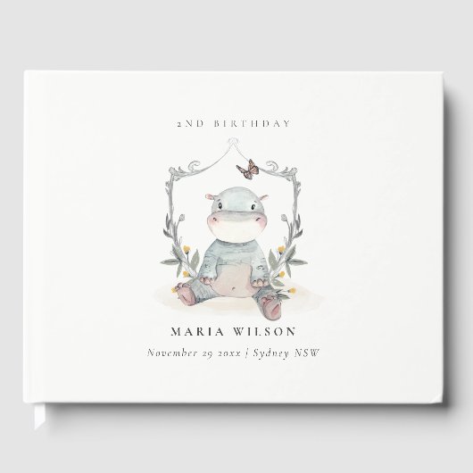 かわいい黄色のベビーヒッポ葉の任意の年齢誕生日 ゲストブック (正面)