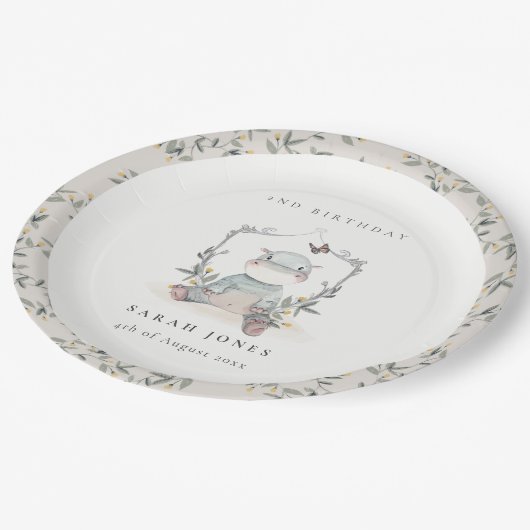 かわいい黄色のベビーヒッポ葉の任意の年齢誕生日 ペーパープレート (アングル)