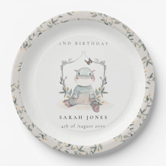 かわいい黄色のベビーヒッポ葉の任意の年齢誕生日 ペーパープレート (正面)