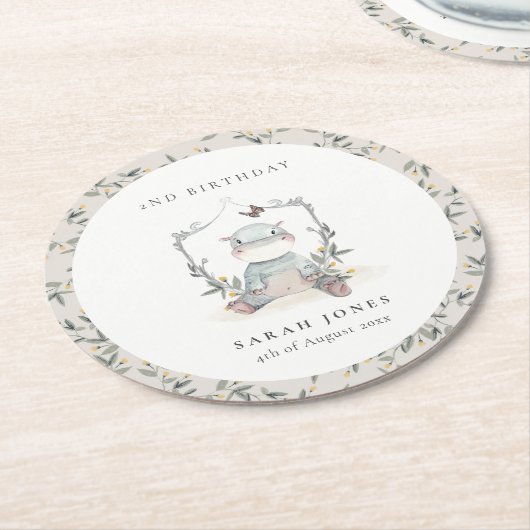 かわいい黄色のベビーヒッポ葉の任意の年齢誕生日 ラウンドペーパーコースター (アングル)