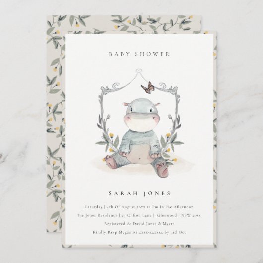 かわいい黄色のベビーヒッポ葉ベビーシャワー招待状 サンキューカード (正面/裏面)