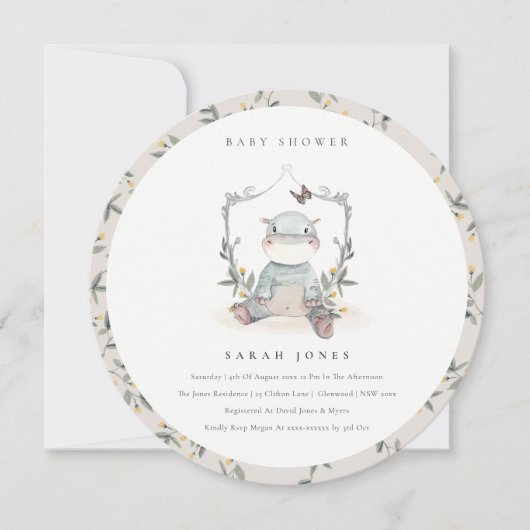 かわいい黄色のベビーヒッポ葉ベビーシャワー招待状 サンキューカード (正面)