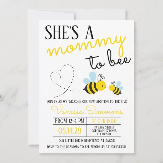 かわいい黄色のママへ蜂の赤ちゃんシャワー 招待状 (正面)