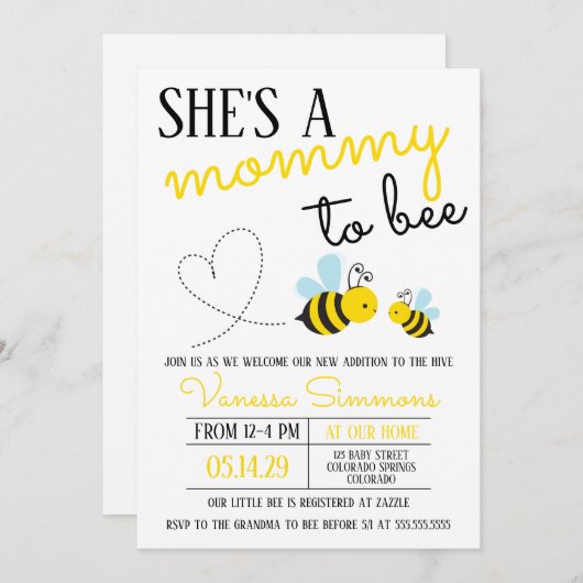 かわいい黄色のママへ蜂の赤ちゃんシャワー 招待状 (正面/裏面)