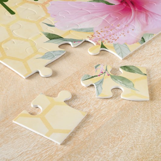 かわいい黄色のミツバチピンクの熱帯花サマー ジグソーパズル (側面)