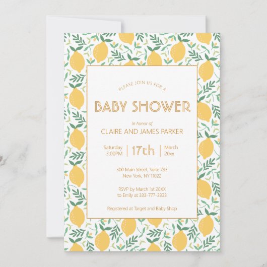 かわいい黄色のレモンの果実の葉ベビーシャワー 招待状 (正面)