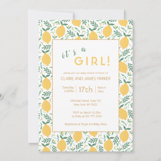 かわいい黄色のレモンの葉 |女の子シャワー 招待状 (正面)