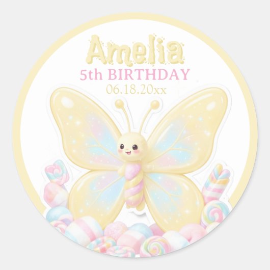かわいい黄色のレモン誕生日蝶の円形 ラウンドシール (正面)