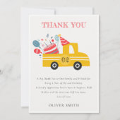 かわいい黄色の任意の年齢の誕生日パーティーケーキトラック サンキューカード (正面)