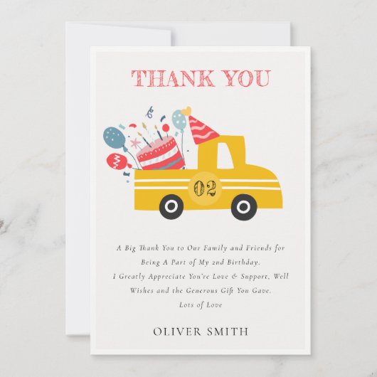 かわいい黄色の任意の年齢の誕生日パーティーケーキトラック サンキューカード (正面)