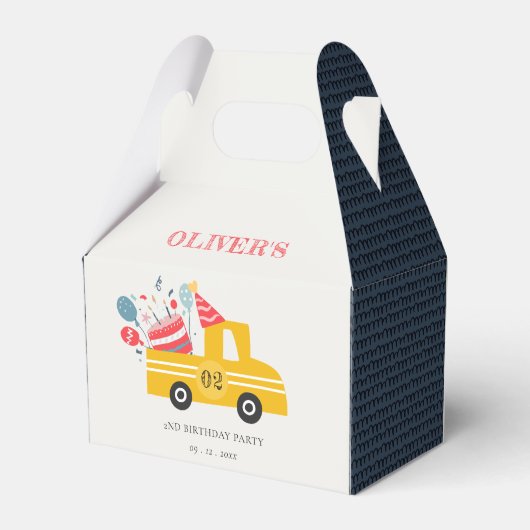 かわいい黄色の任意の年齢の誕生日パーティーケーキトラック フェイバーボックス (裏面サイド)