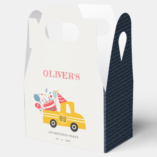 かわいい黄色の任意の年齢の誕生日パーティーケーキトラック フェイバーボックス (オープン)