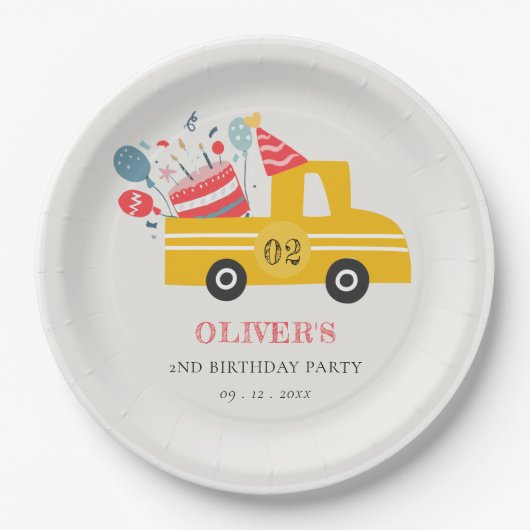 かわいい黄色の任意の年齢の誕生日パーティーケーキトラック ペーパープレート (正面)