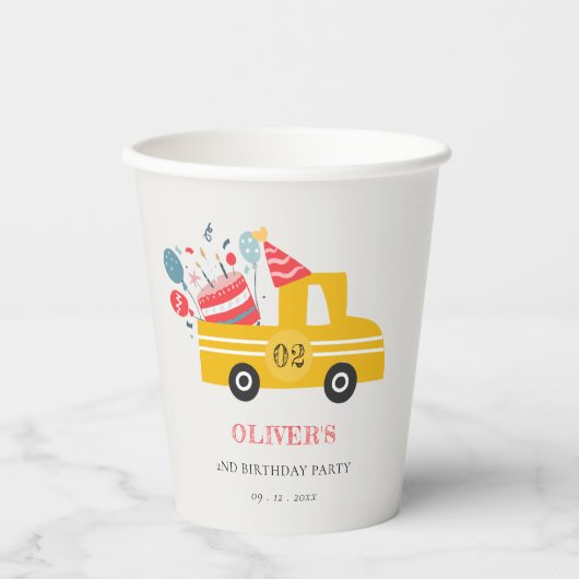 かわいい黄色の任意の年齢の誕生日パーティーケーキトラック 紙コップ (正面)