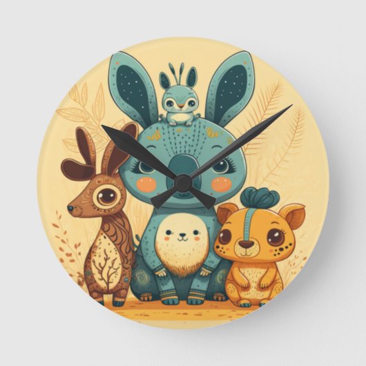 かわいい黄色の動物の丸い枕 ラウンド壁時計 (正面)