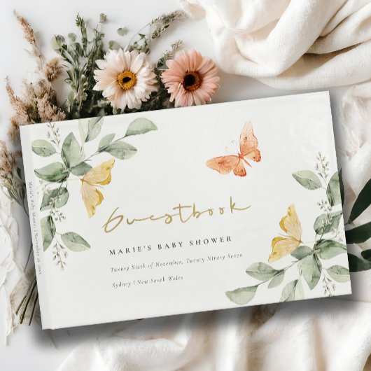 かわいい黄色の庭の葉蝶の赤ちゃんシャワー ゲストブック