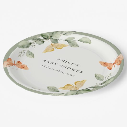 かわいい黄色の庭の葉蝶の赤ちゃんシャワー ペーパープレート (アングル)