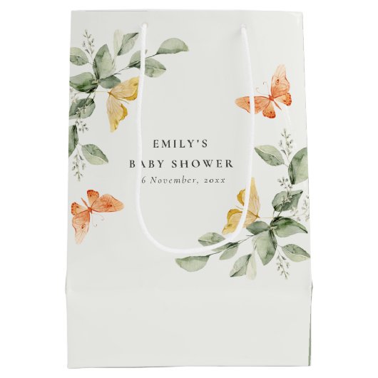 かわいい黄色の庭の葉蝶の赤ちゃんシャワー ミディアムペーパーバッグ (裏面)