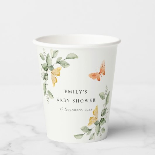 かわいい黄色の庭の葉蝶の赤ちゃんシャワー 紙コップ (正面)