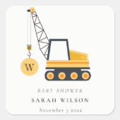 かわいい黄色の建築クレーン車のベビーシャワー スクエアシール (正面)