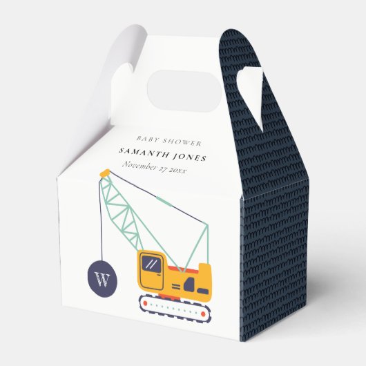 かわいい黄色の建築クレーン車のベビーシャワー フェイバーボックス (正面サイド)