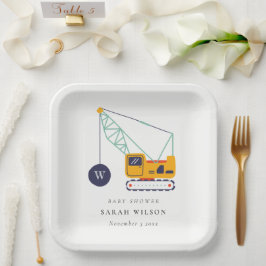 かわいい黄色の建築クレーン車のベビーシャワー ペーパープレート