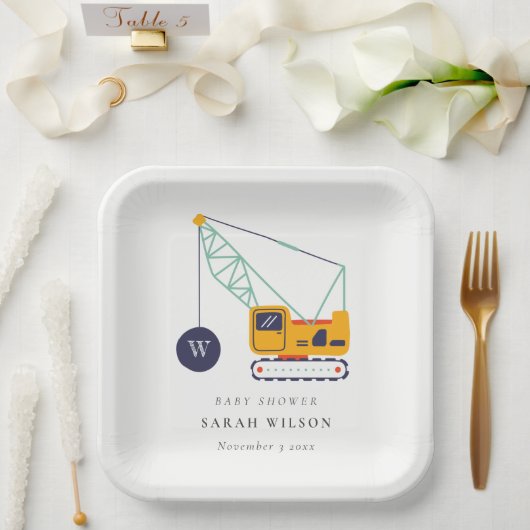 かわいい黄色の建築クレーン車のベビーシャワー ペーパープレート (ウェディング)