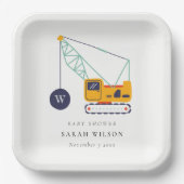 かわいい黄色の建築クレーン車のベビーシャワー ペーパープレート (正面)