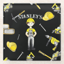 かわいい黄色の建築トラックダンプ名 ガラスコースター