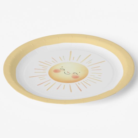 かわいい黄色の水色ぼほ笑顔の太陽の光 ペーパープレート (アングル)