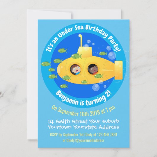 かわいい黄色の海底魚の漫画の招待 招待状 (正面)