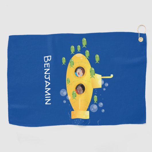 かわいい黄色の海底魚の漫画イラストレーション ゴルフタオル (横)