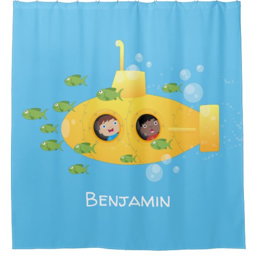 かわいい黄色の海底魚の漫画イラストレーション シャワーカーテン (正面)