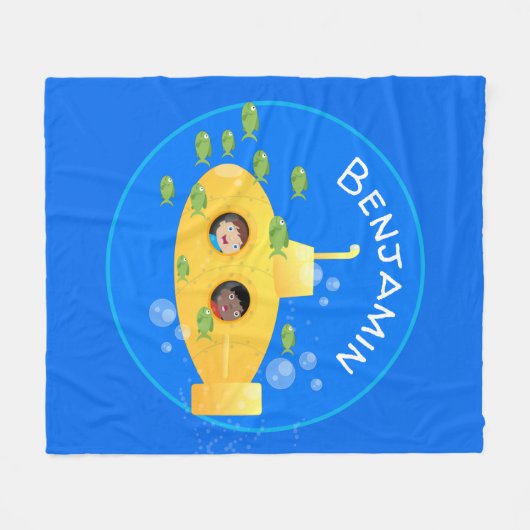 かわいい黄色の海底魚の漫画イラストレーション フリースブランケット (正面(横))