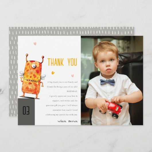 かわいい黄色の片目モンスターの子供写真誕生日 サンキューカード (正面/裏面)