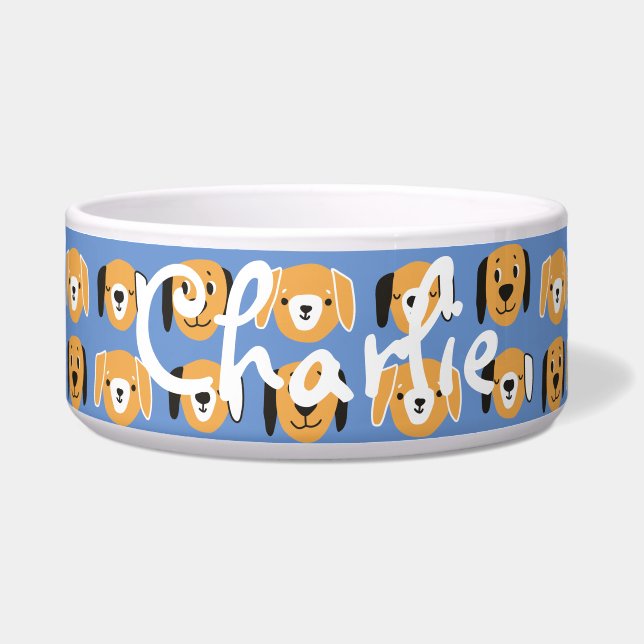 かわいい黄色の犬の頭のパターンカスタマイズ可能な名前 ボウル (正面)