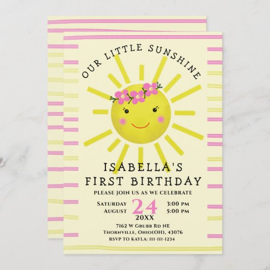 かわいい黄色の私たちの小さな太陽の光1st誕生日パーティー 招待状 (正面/裏面)