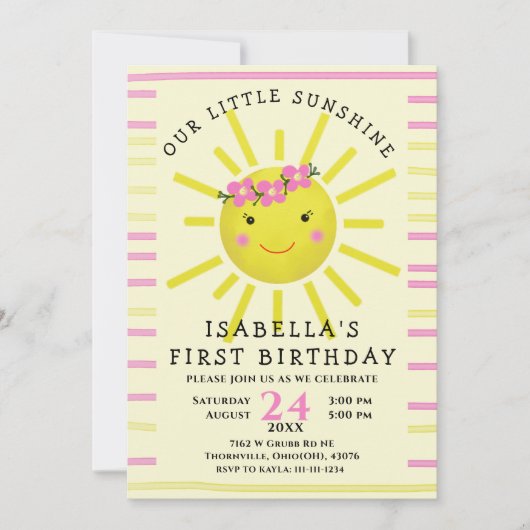かわいい黄色の私たちの小さな太陽の1歳の誕生日パーティー 招待状 (正面)