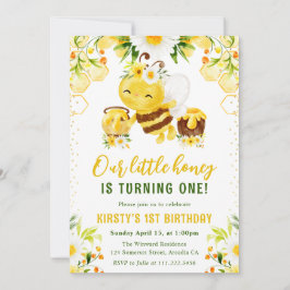 かわいい黄色の花の蜂蜜の巣のハチ 1歳の誕生日 招待状