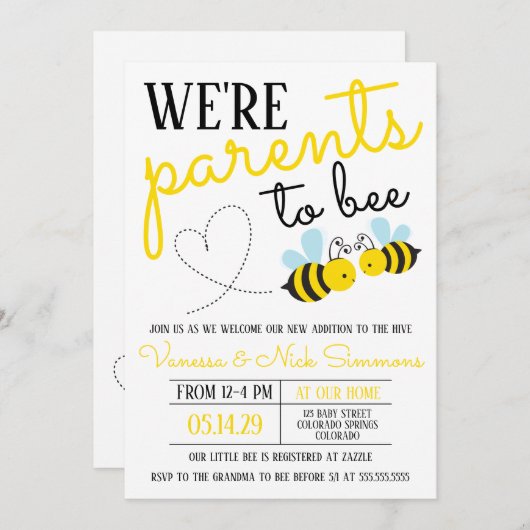 かわいい黄色の親へミツバチの赤ちゃんシャワー 招待状 (正面/裏面)