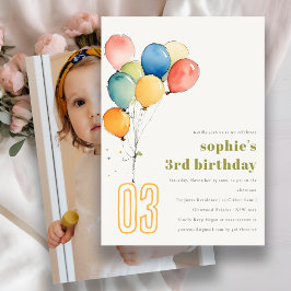 かわいい黄色の赤い緑のバルーン子供の写真誕生日 招待状