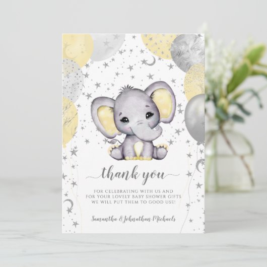 かわいい黄色の赤ちゃんシャワーエレファントバルーン感謝していヨウ サンキューカード (スタンド正面)