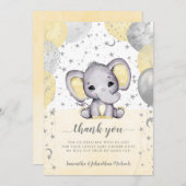 かわいい黄色の赤ちゃんシャワーエレファントバルーン サンキューカード (正面/裏面)
